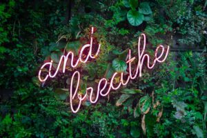 Neon sign reading "and breathe" nestled in lush green foliage.