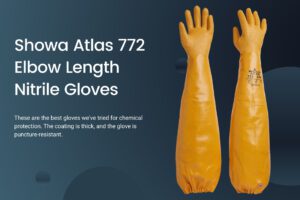 Showa Atlas 772 elbow-length nitrile gloves; chemical resistant, puncture resistant.