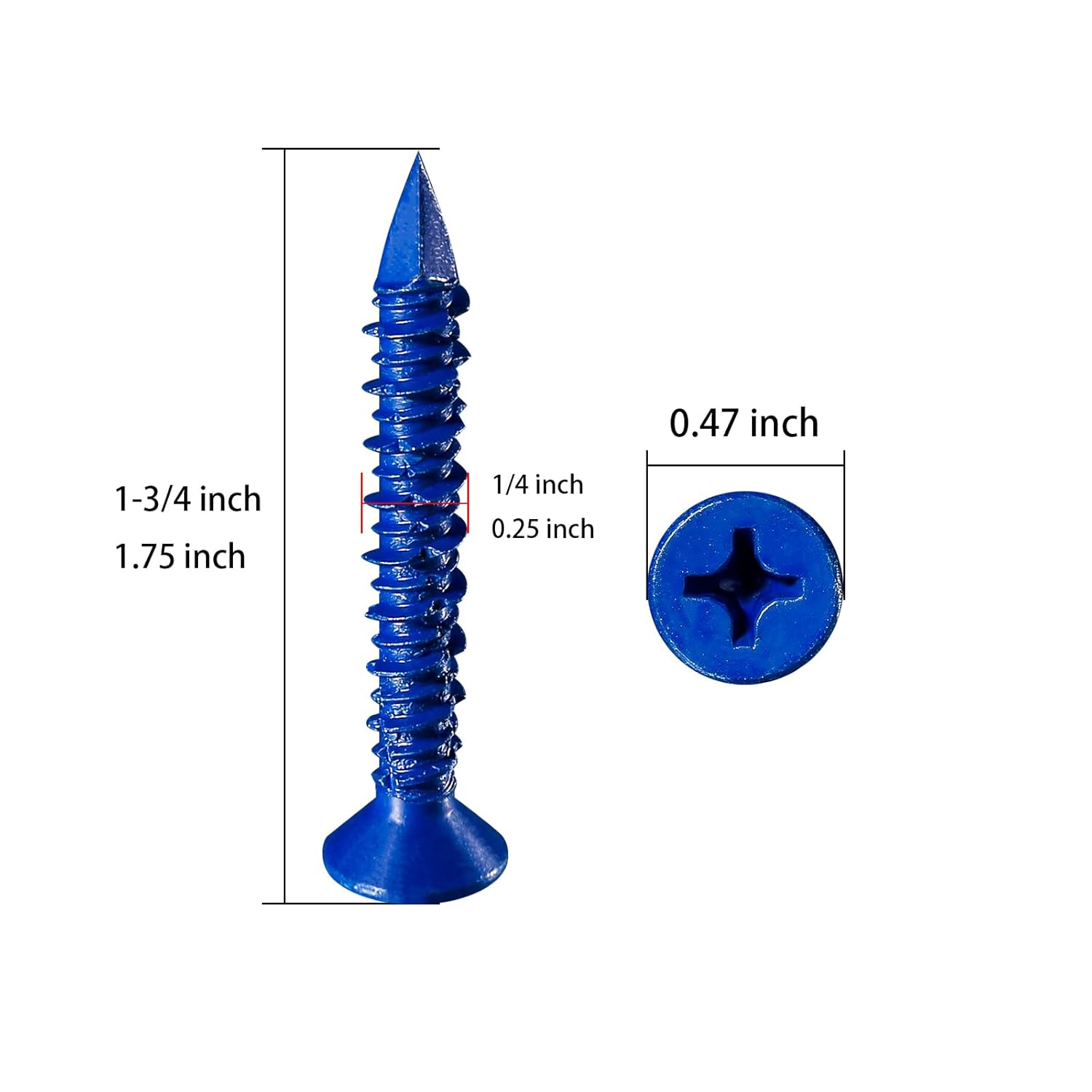 Close-up of blue concrete screw with dimensions: 1-3/4 inch length, 0.47 inch head.