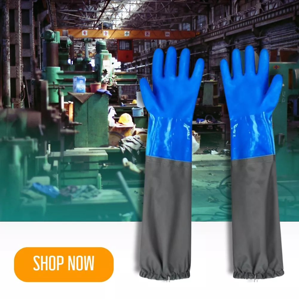 Long, 25-inch waterproof gloves for tough jobs in an industrial setting.