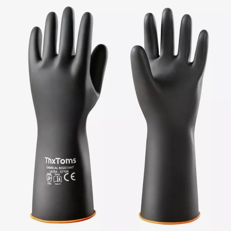Black chemical resistant gloves, labeled "ThxToms," for hand protection. "Are Your Hands Really Safe?