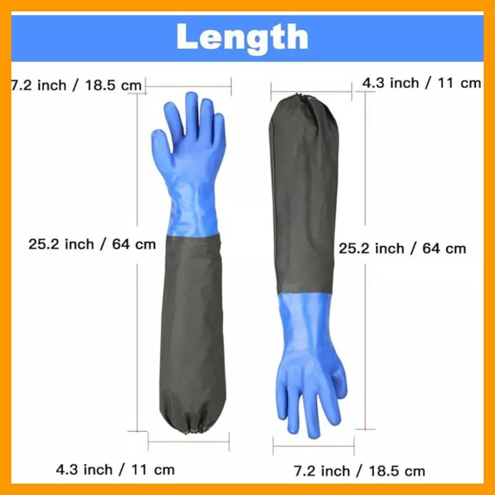 Long blue gloves with 25-inch sleeves, dimensions shown. Protect your arms from getting soaked during tough jobs.