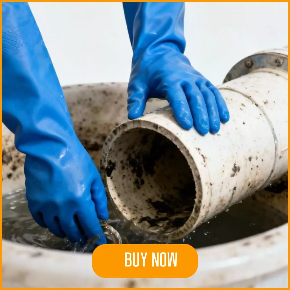 Blue gloves cleaning a dirty pipe. 25-inch gloves for tough jobs.