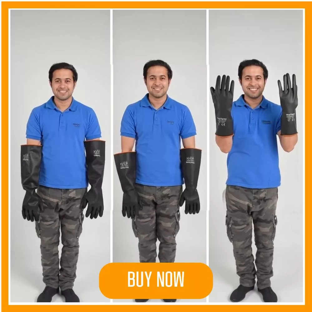Man wearing long black chemical-resistant gloves, demonstrating hand safety.