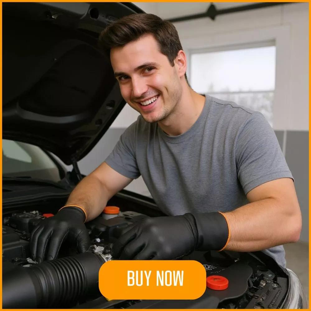 Smiling mechanic with black gloves working on a car engine.