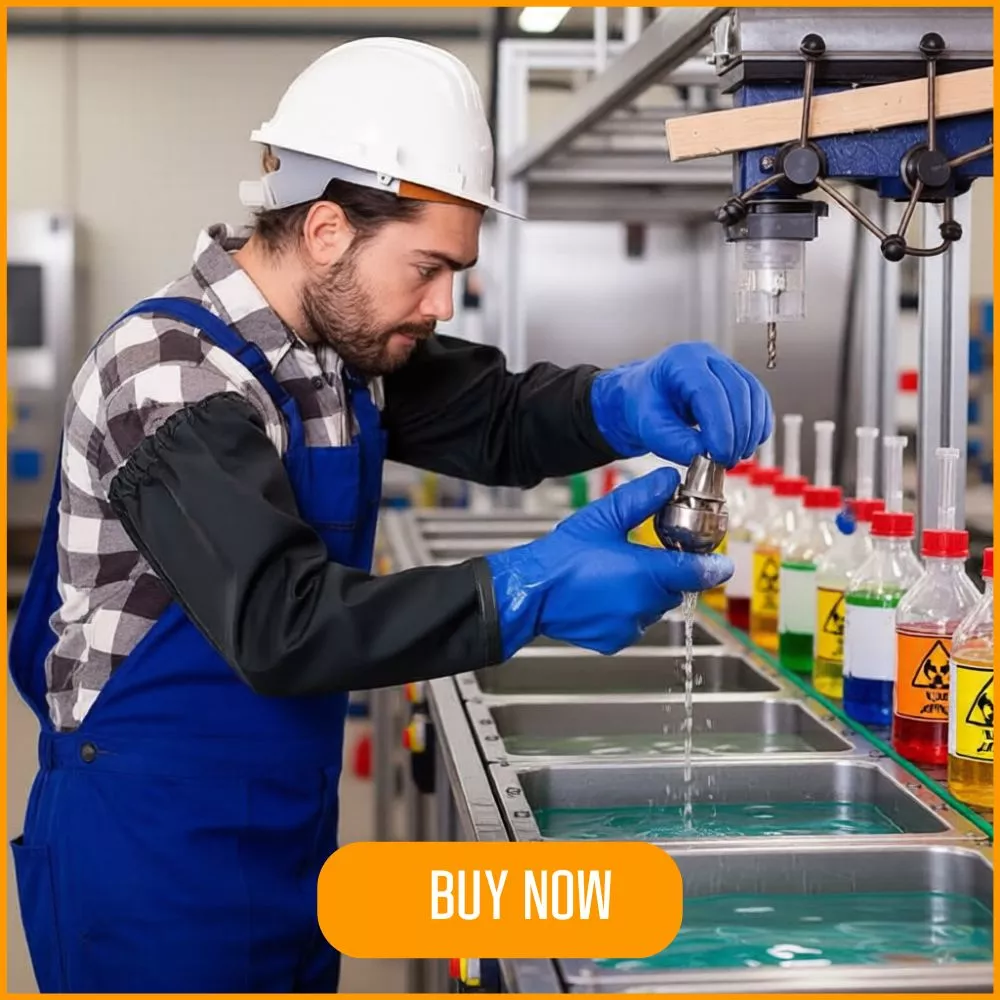 Worker in blue gloves cleaning parts in a shop.