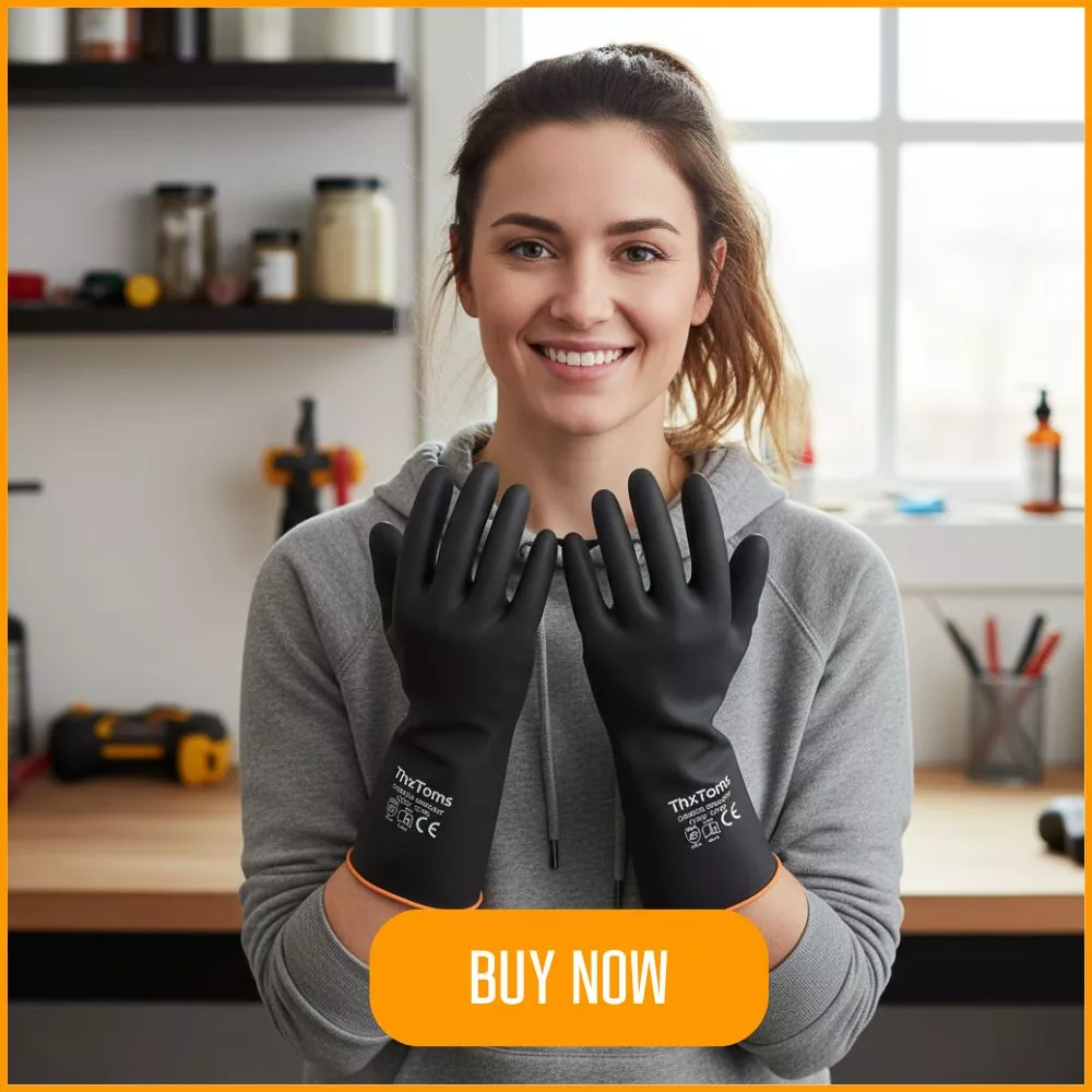 Woman holding black ThxToms safety gloves with orange trim, ready for work.