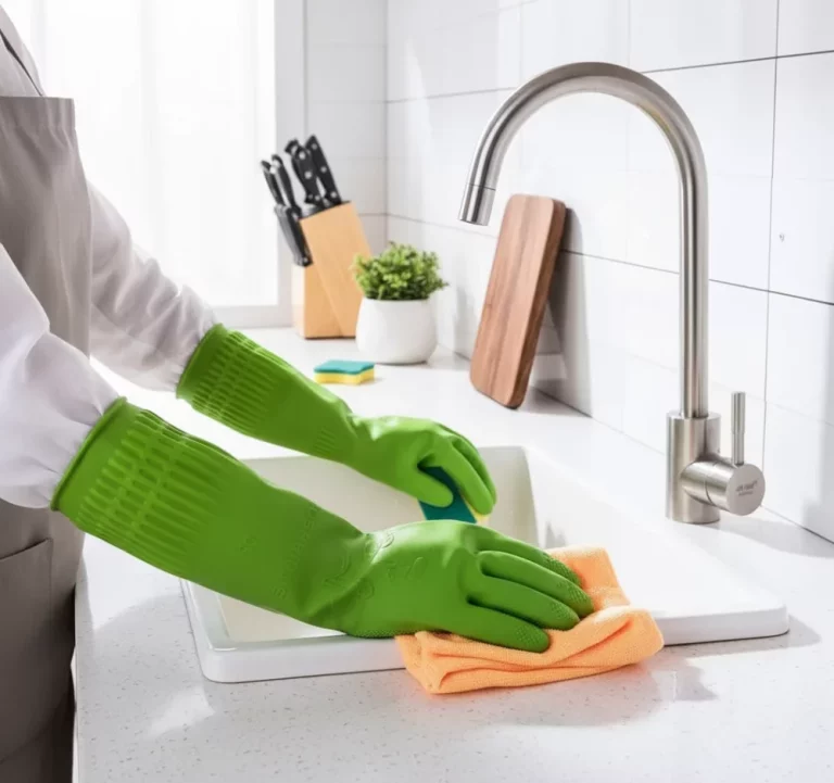 Person wearing green cleaning gloves washes dishes in a white sink, using a sponge and cloth.