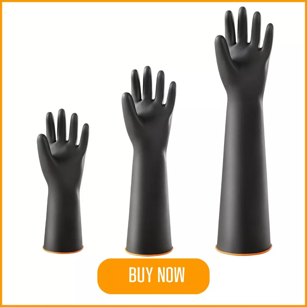 Three black, arm-length gloves of varying sizes, suggesting safety equipment.