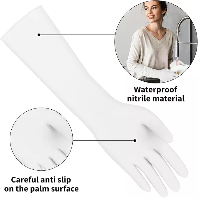 Long, waterproof nitrile gloves with anti-slip palm surface, perfect for chores to keep arms dry.