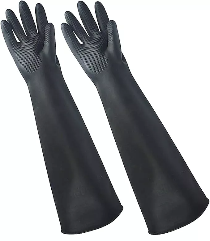 Long black rubber gloves for arm protection, perfect for cleaning and household chores.