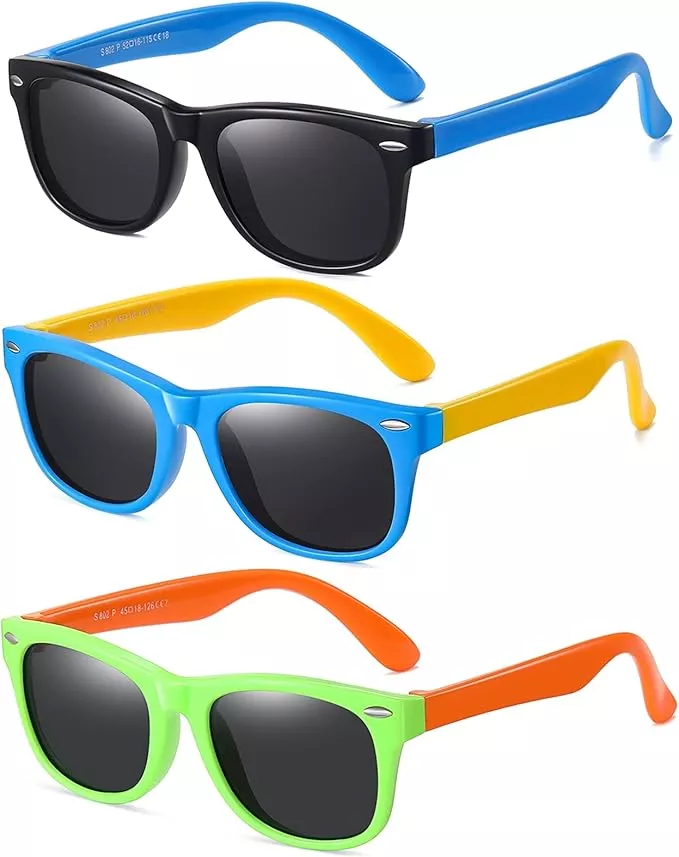 Three pairs of colorful kids' sunglasses: black/blue, blue/yellow, and green/orange.