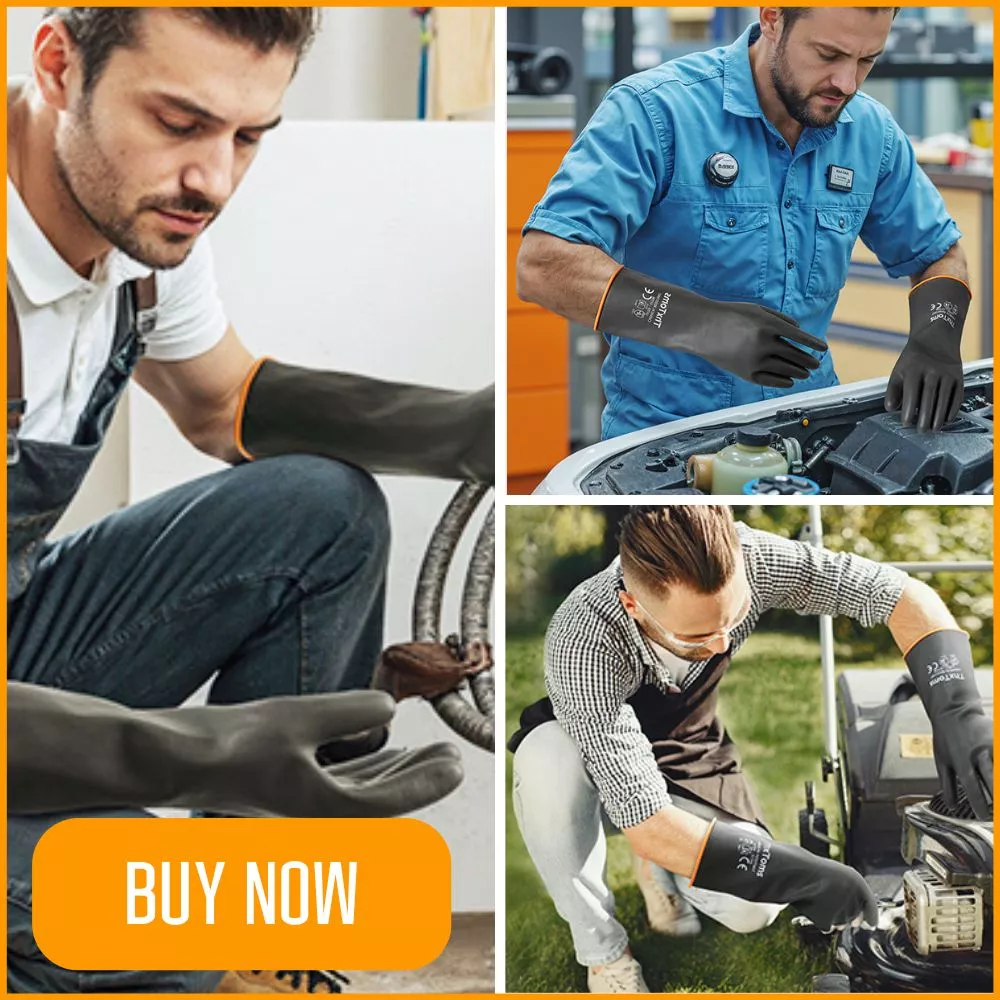 Mechanics wearing protective gloves while working on car and lawnmower engines and plumbing.