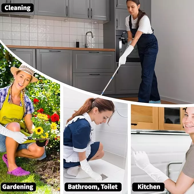 Collage showing 15-inch gloves used for cleaning, gardening, and bathroom chores.