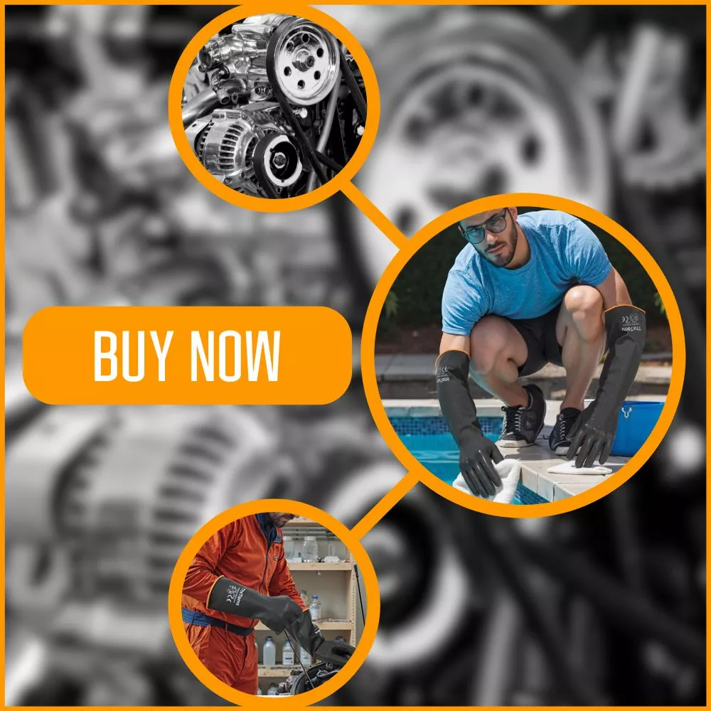 Mechanics wearing long black gloves, working on car engines. "Buy Now" button visible.