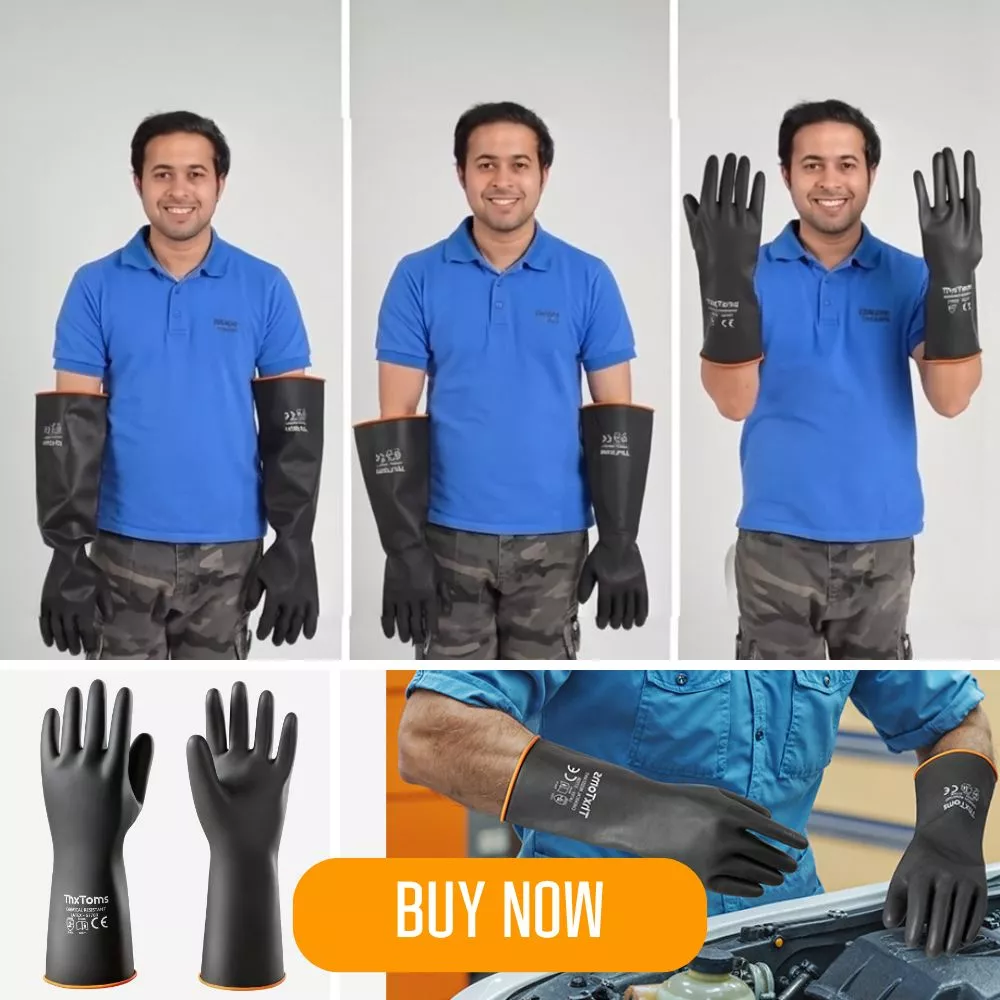 Man wearing long, black ThxToms safety gloves with orange trim, demonstrating hand protection.