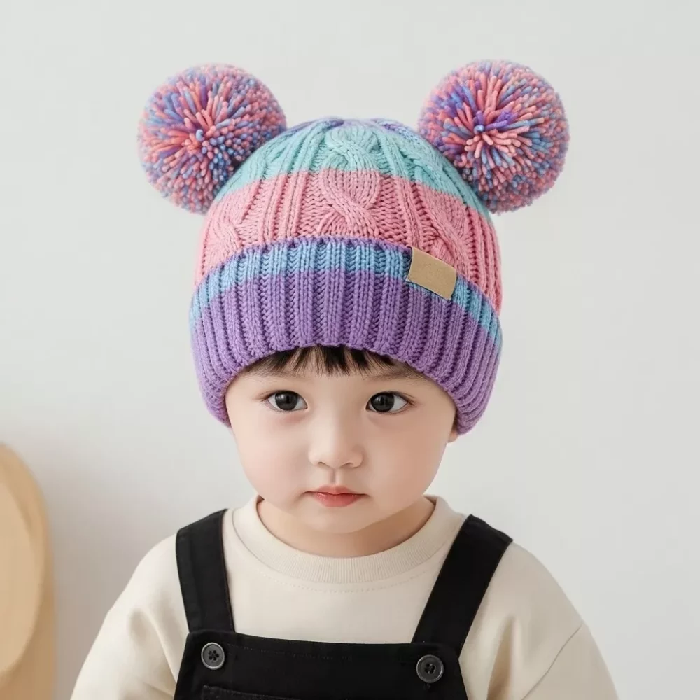 Cute toddler wearing a colorful double pom pom beanie, perfect for a warm winter.