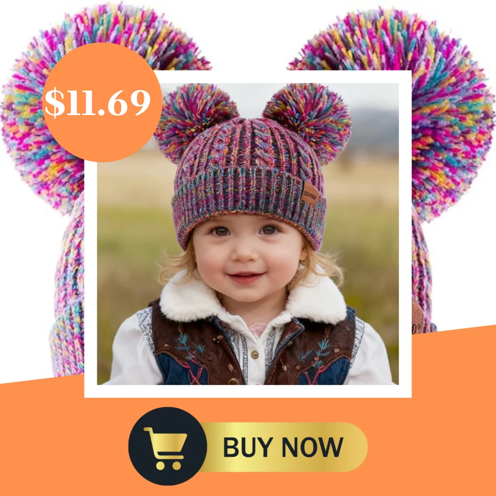 Happy child wearing a double pom pom beanie, available for $11.69. Buy now!