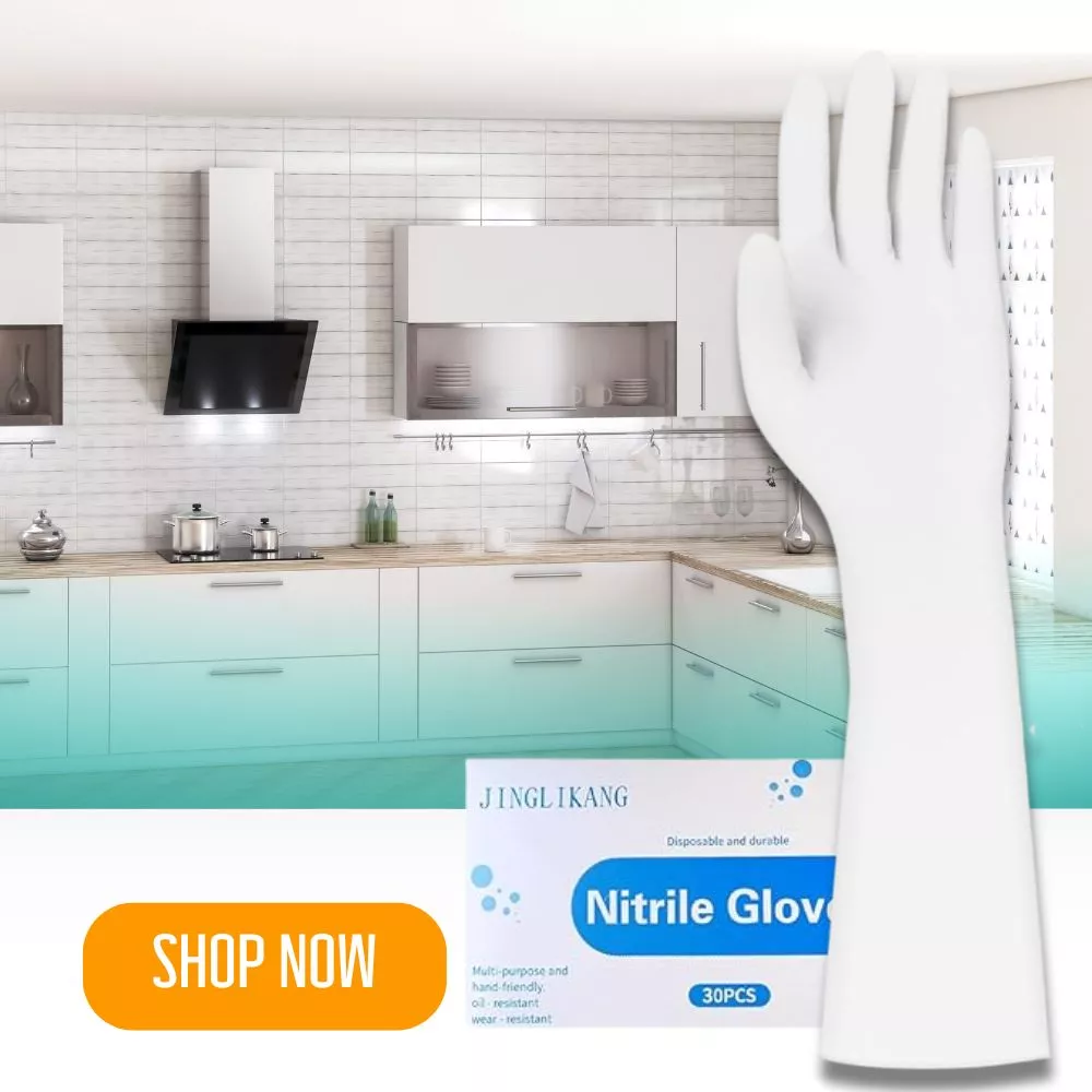 Long nitrile glove, JINGLIKANG brand, for chores. "Nitrile Glove, Disposable and durable, 30PCS" text shown.