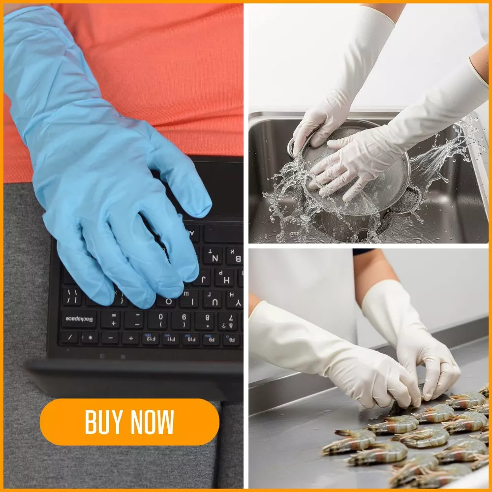 Collage showing 15-inch gloves used for typing, washing dishes, and preparing shrimp.