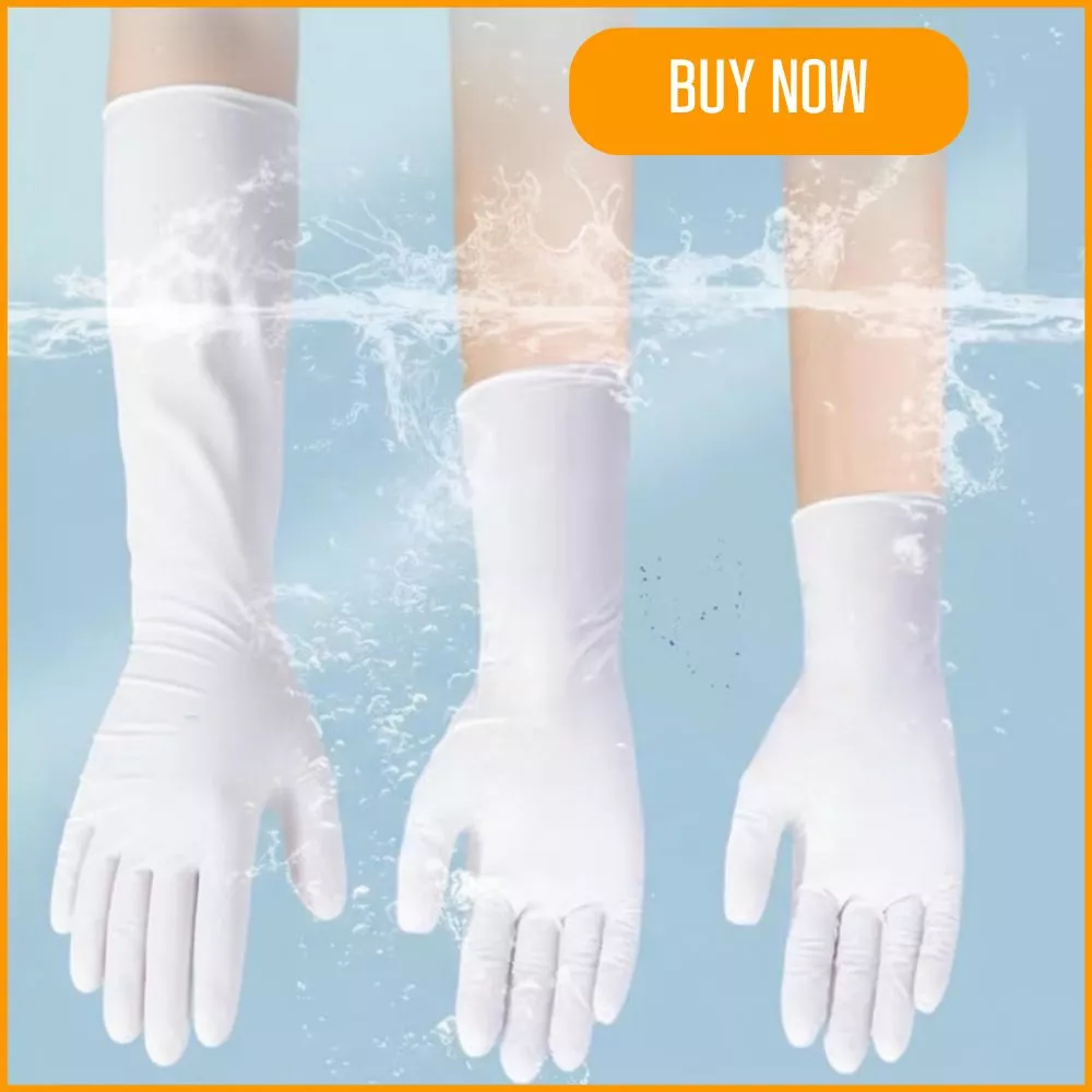 Long white gloves submerged in water, perfect for chores.