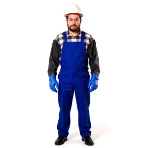 Worker in blue overalls, gloves, and hard hat. These 25-inch gloves might be the answer for tough jobs.