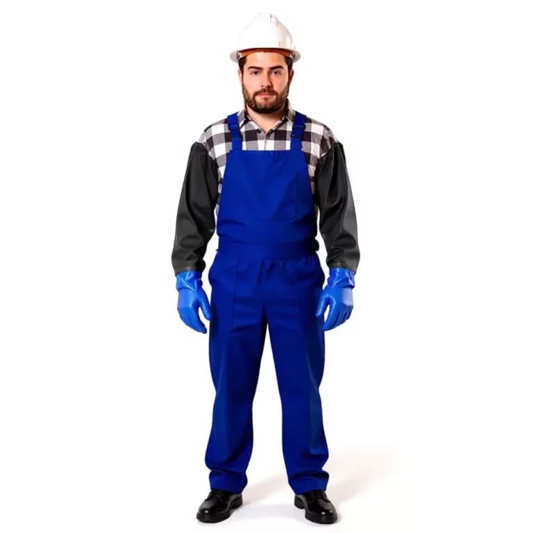 Worker in blue overalls, gloves, and hard hat. These 25-inch gloves might be the answer for tough jobs.