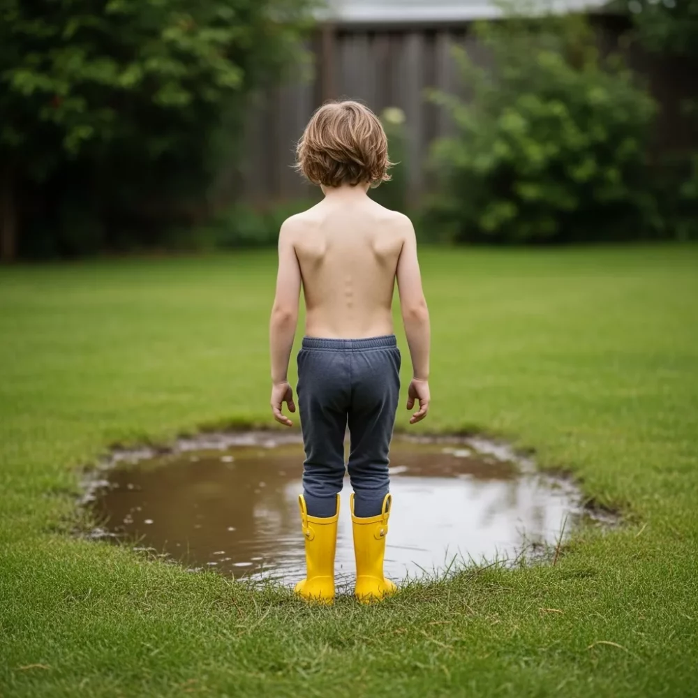 Boy in yellow rain boots standing near a muddy puddle in a backyard, considering risky play.