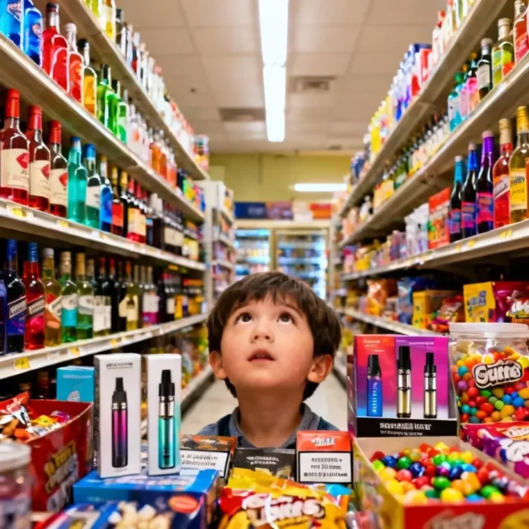 Young boy looking up at shelves filled with alcohol and candy, with vape products in front of him.