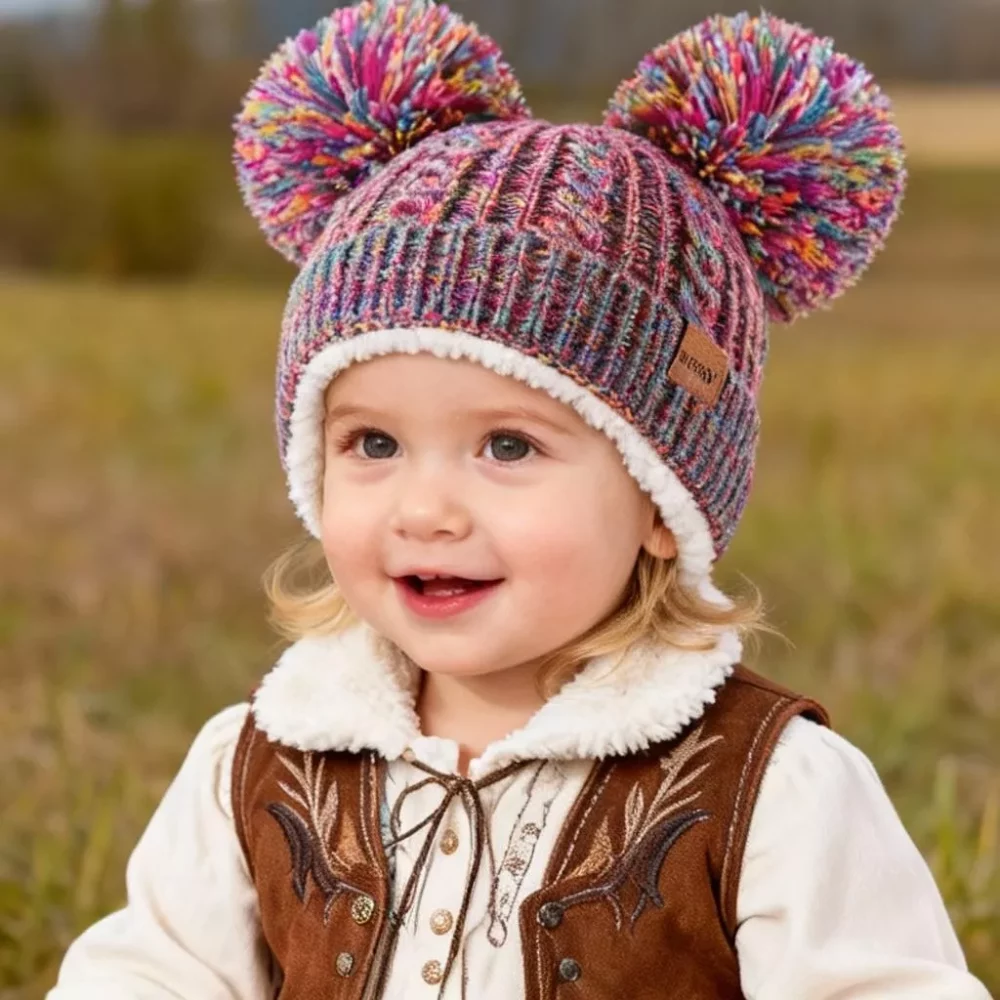 Happy toddler wearing a double pom pom beanie, perfect for a warm winter.