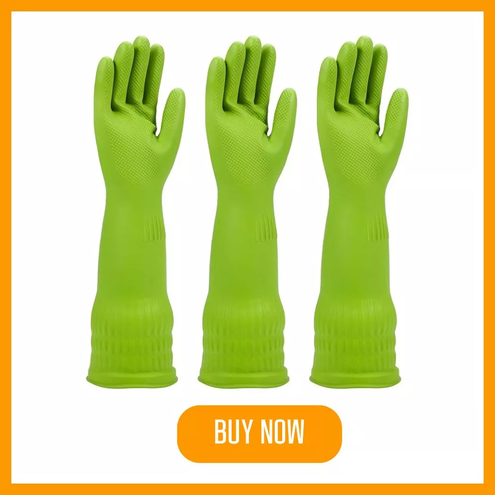 Three green rubber cleaning gloves with "BUY NOW" button. Protect your hands while cleaning.