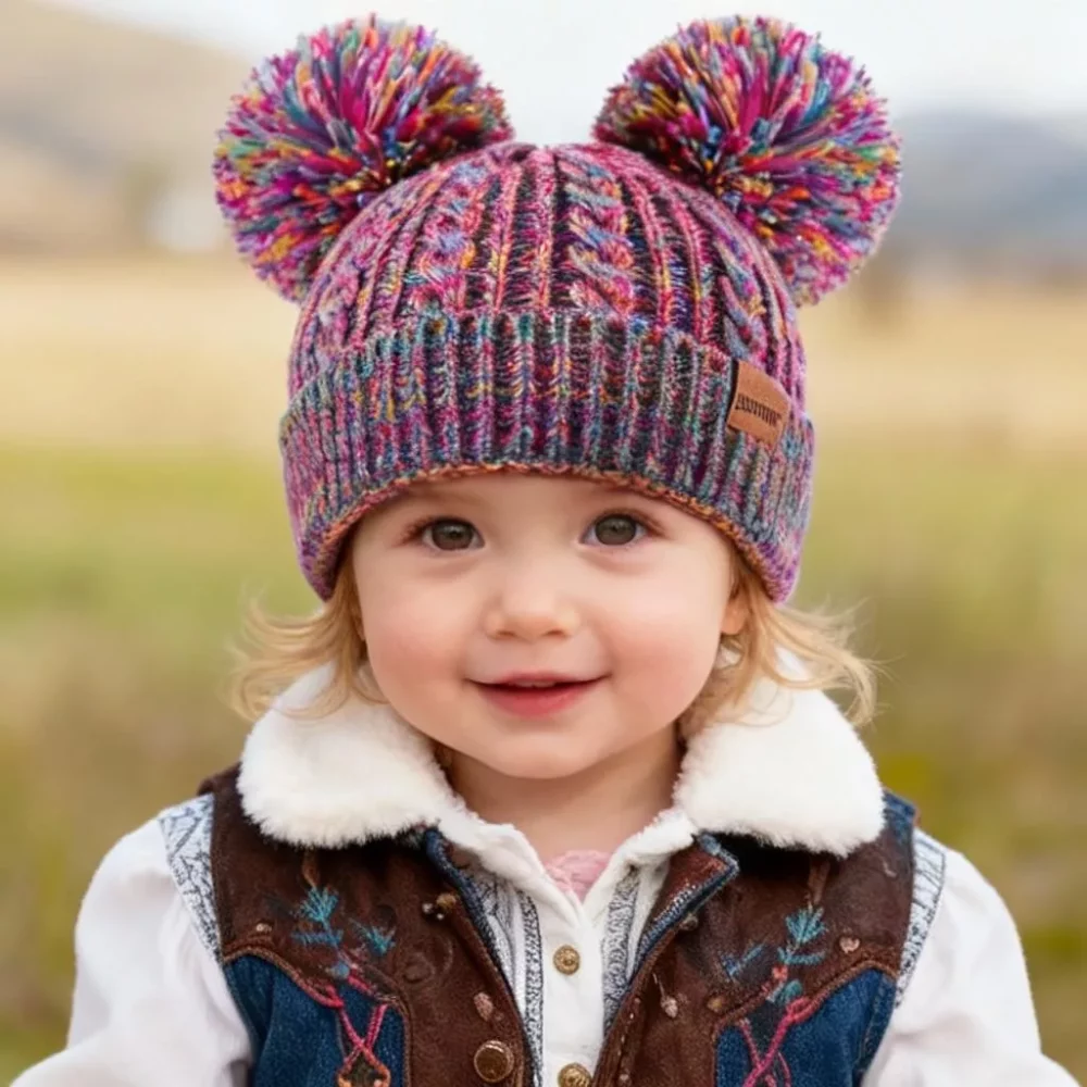 Happy toddler wearing a colorful double pom pom beanie, perfect for a warm winter.