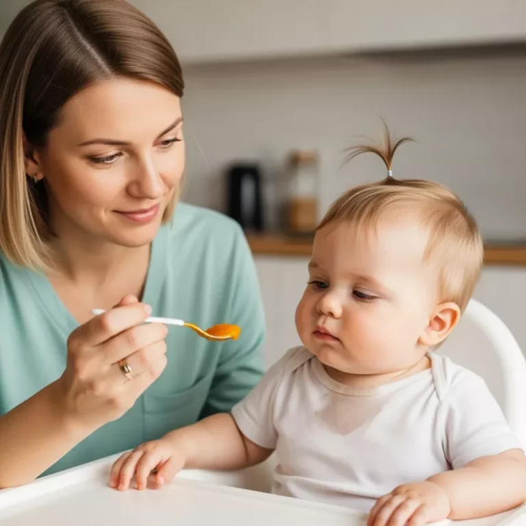 Mom feeding baby in high chair. Baby food. Feeding your baby tips.