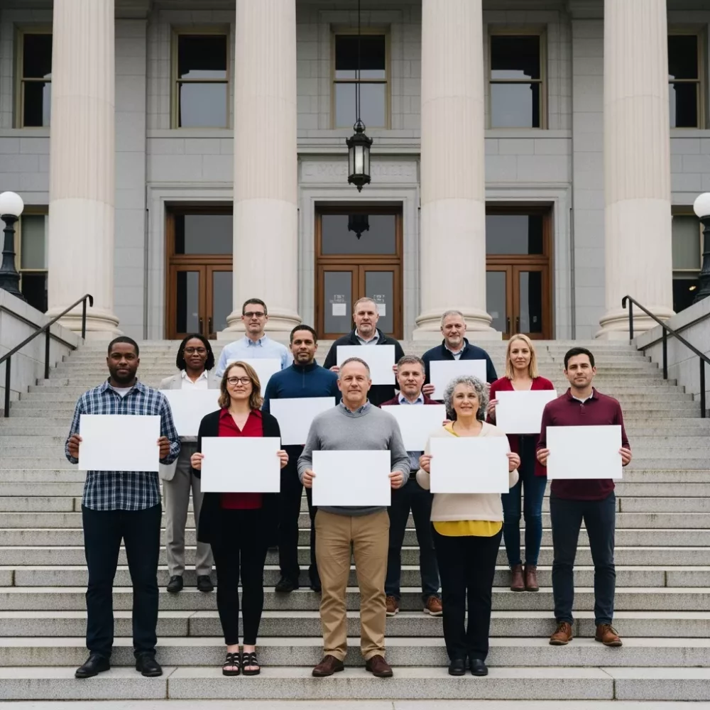 Group of people holding blank signs in front of a courthouse