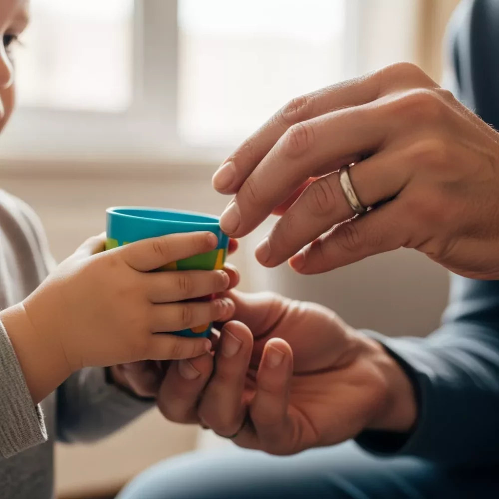 Child's hands passing a colorful cup to an adult's hands.
