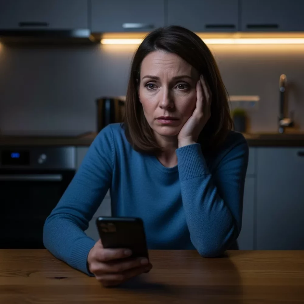 Worried woman looking at phone in kitchen, concerned about teen.