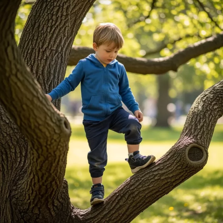 Young boy climbing a tree, engaging in risky play outdoors.