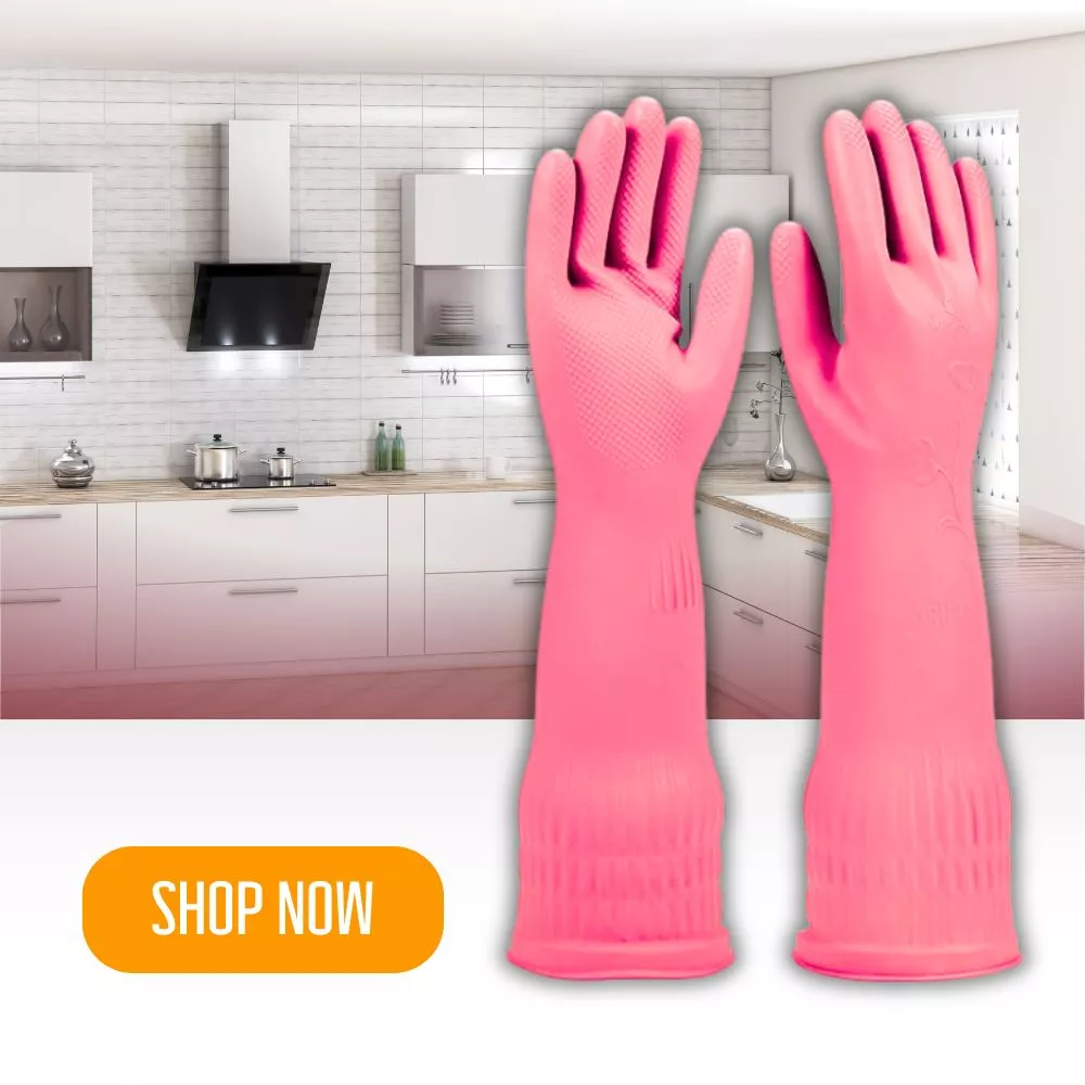 Pink rubber cleaning gloves in a kitchen with a "SHOP NOW" button. Protect your hands while cleaning.