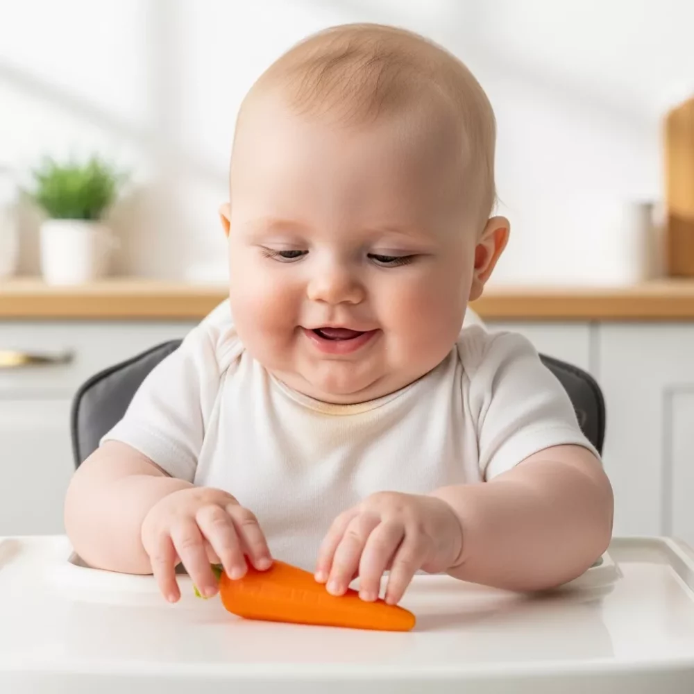 Happy baby in high chair with carrot.