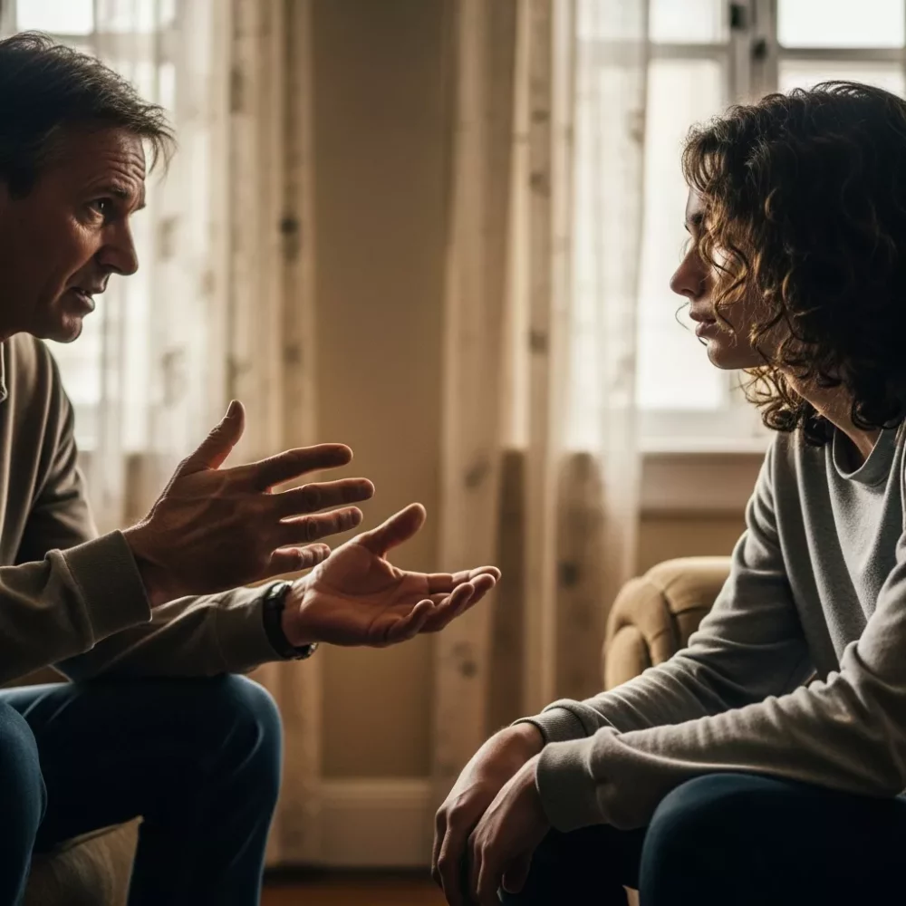 Man and teen in serious conversation, discussing a sensitive topic