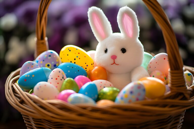 Easter basket filled with colorful eggs and a cute white bunny.