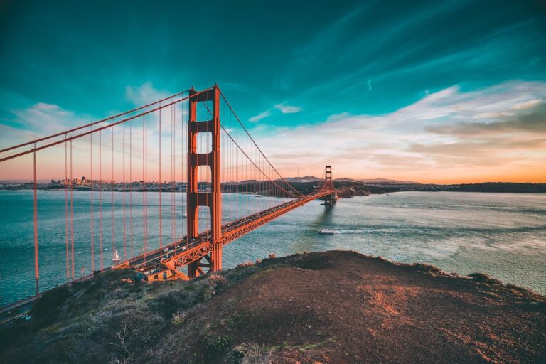 Golden Gate Bridge at sunset, San Francisco skyline in background