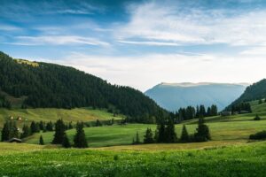 Lush green valley with mountains, trees, and scattered wooden buildings under a blue sky.