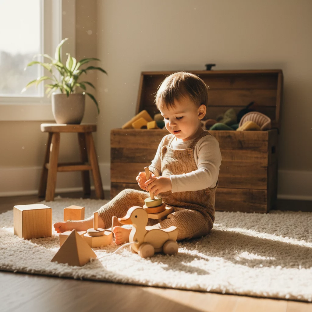 Toddler playing with wooden toys on a rug near a toy chest. Natural light and plant.