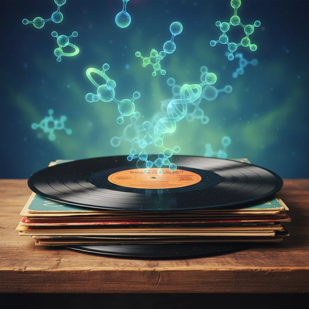 Vinyl record stack with DNA and molecules on blue background