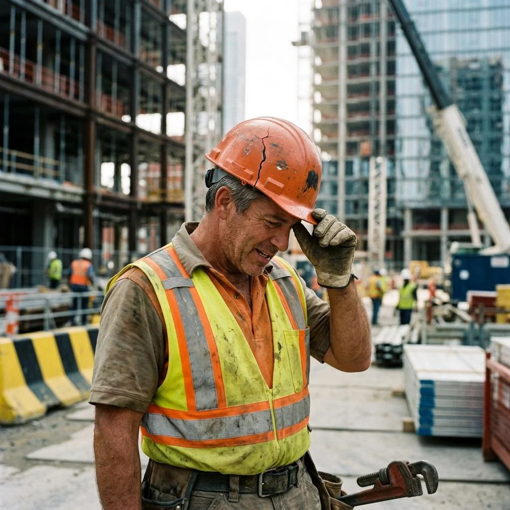 Construction worker wearing a cracked hardhat on a construction site. Safety equipment.