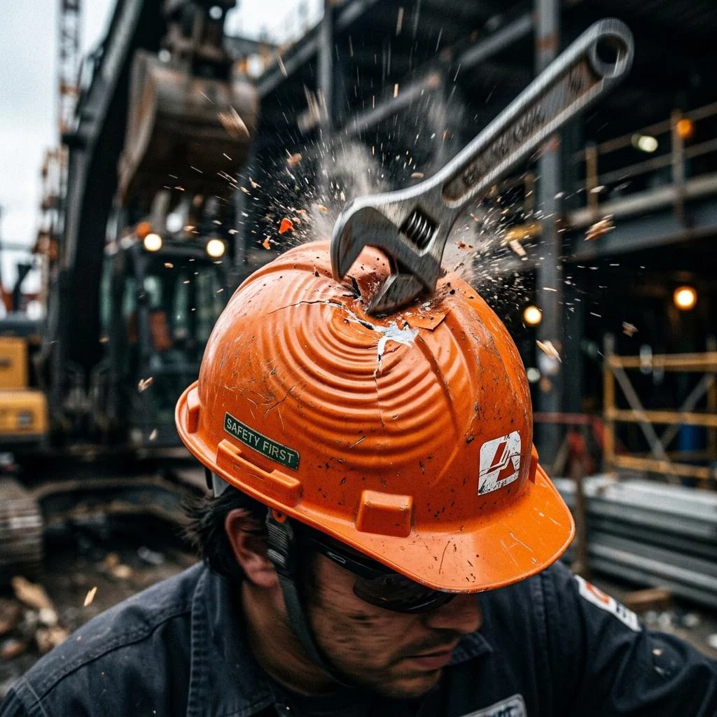 Hardhat safety: Wrench impacting and cracking an orange "Safety First" hard hat at a construction site.