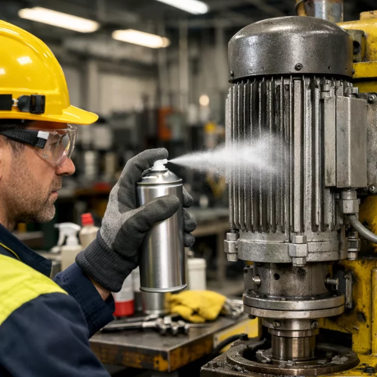 Worker sprays electric motor with cleaner. Safety gear includes hard hat and glasses.