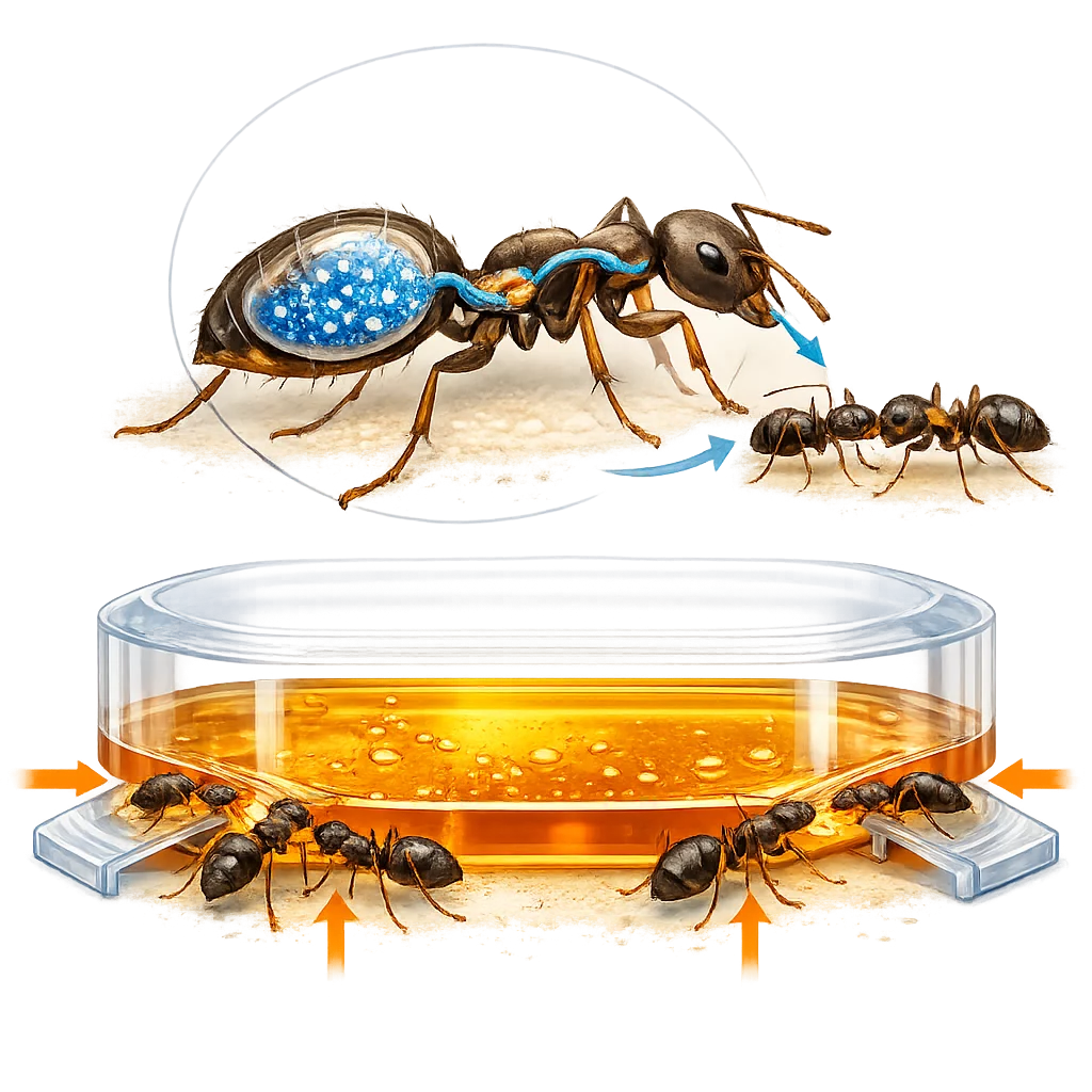 Detailed () scientific illustration showing cross-section view of Terro liquid ant bait station with transparent walls