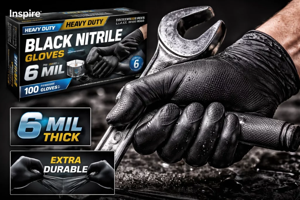 Detailed showcase of Inspire Black Nitrile Gloves HEAVY DUTY 6 Mil highlighting the 6 mil thickness and durability features